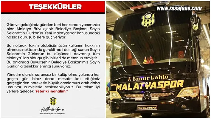 Yeni Malatyaspor'dan Başkan Gürkan'a Teşekkür